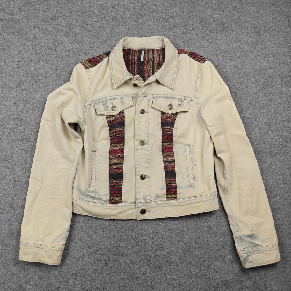 Free People Jacket Womens 10 Beige Twill Collared Striped Trim Pockets Button